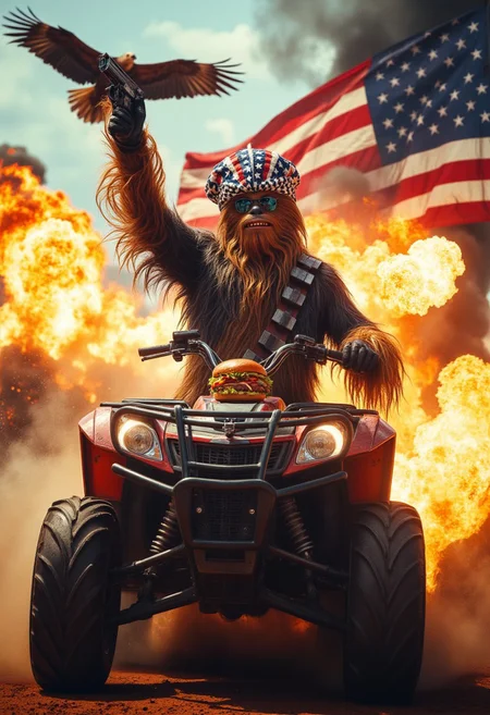 An epic scene featuring Chewbacca riding a quad bike at full throttle, wearing sleek sunglasses and a American flag pattern helmet, and holding a juicy burger in one hand and firing a gun in the air with the other. The American flag waves proudly behind him as a bald eagle soars through the sky. In the background, massive explosions light up the scene.