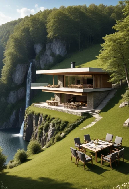 ultra realistic image with high resolution, perfect focus, correct anatomy and correct objects of a house on a hill in the forest made of stone and wood in a modern style, environmentally neutral energy powered by the sun and wind, the design to merge with nature, roof covered with grass in front of the house veranda, table chairs barbecue, river, lake, waterfall