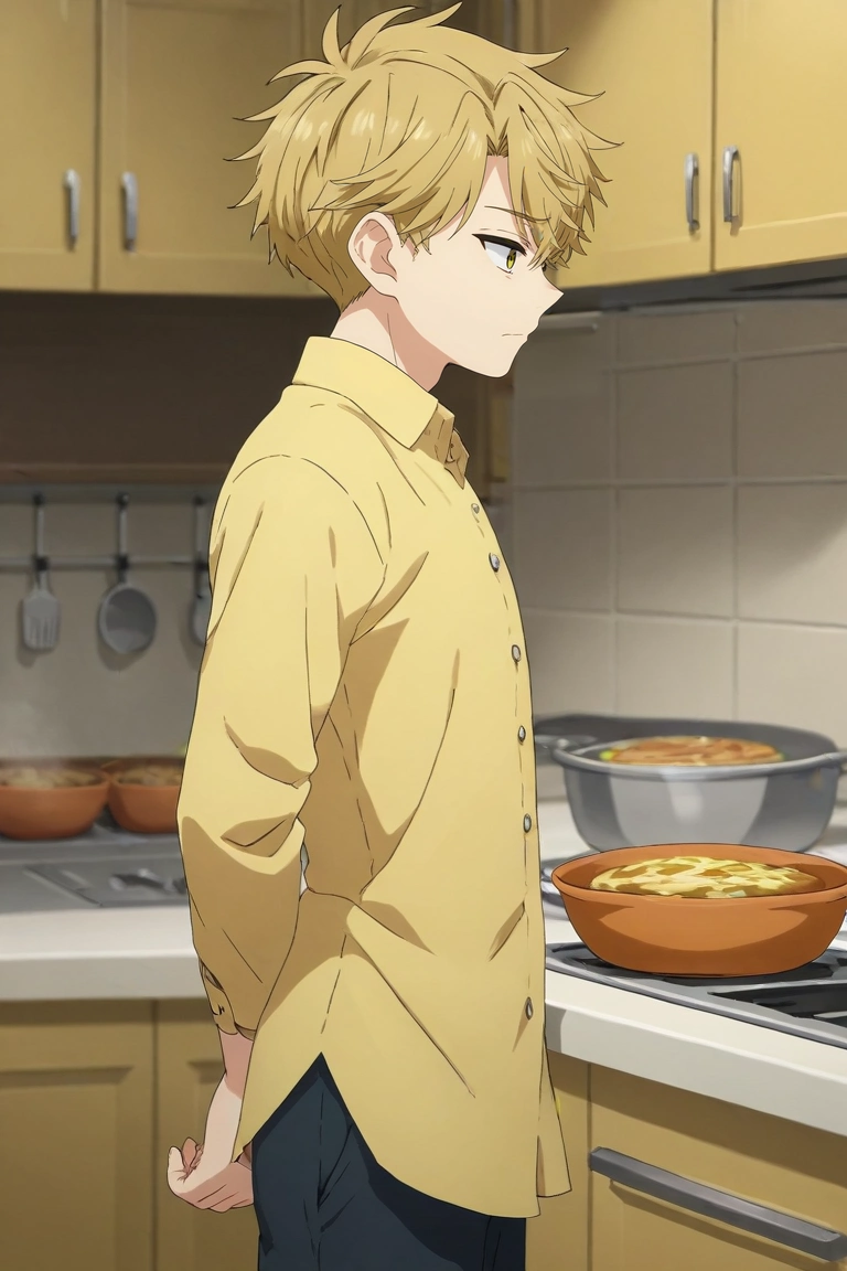 score_9, score_8_up, score_7_up, source_anime, rating_safe, , (3d:0.4), , , 1boy, solo, male focus, <lora:yuuma_nikaidou_pony:0.74>, yuuma_nikaidou, blonde hair, yellow eyes, short hair, profile, kitchen, cooking, midnight, arms at sides, nervous, , <lora:sdxl_lightning_8step_lora:1>