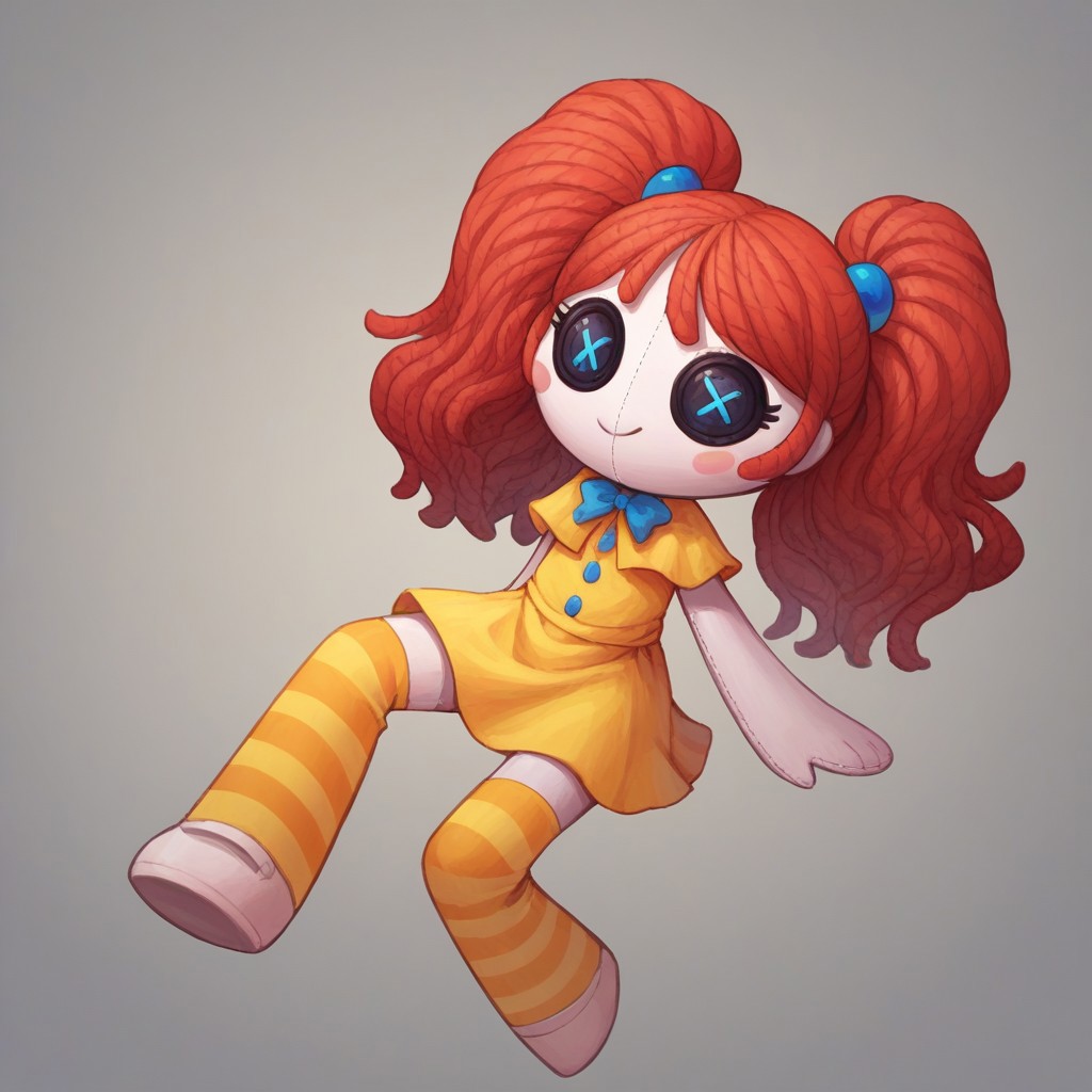 Score_9, score_8_up, score_7_up, Rubilocks, red hair, twintails, button eyes, blue eyes, doll, yellow dress, stripped stockings, hair ornaments