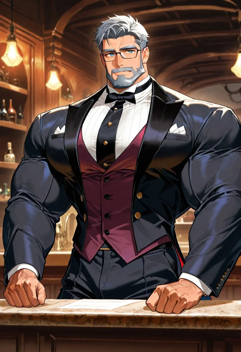 score_9,score_8_up,score_7_up, score_9, score_8_up, Intricate Details, Masterpiece, Best Quality, 1man, mature, bara, solo, male focus, correct anatomy, perfect hands, stylized seinen anime style, lots of details, shaded, detailed shading, detailed skin, counter shading, handsome, older man. Short hair, well-groomed hair, thick beard, hyper muscles, broad shoulders, hyper pectorals, huge pecs, narrow waist, Glasses, vampire butler