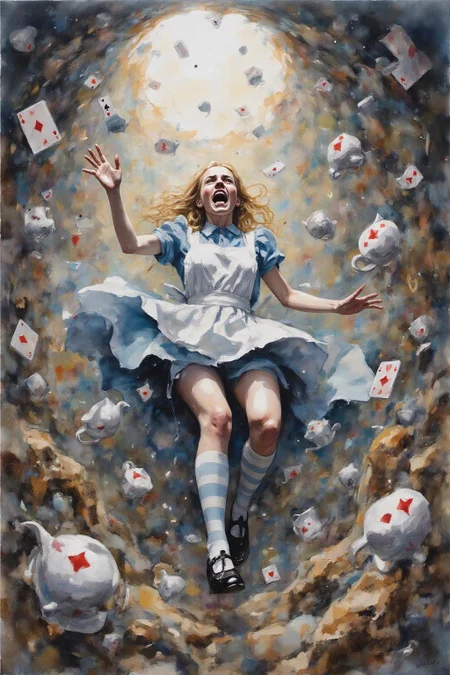 yawc1 watercolor.
Overhead view of Alice in Wonderland falling into the rabbit hole, with her legs dangling beneath her. She is looking upward, her face filled with shock and terror as she screams. Her blue dress and white apron billow out around her as she tumbles, while her striped stockings and black shoes are visible below. The rabbit hole is a swirling, chaotic mix of vibrant colors, playing cards, teacups, and other Wonderland objects floating around her. Soft glowing light emanates from the tunnel walls, adding an eerie, fantastical feel to the scene. The sense of motion and fear is palpable as Alice falls deeper into the unknown. <lora:yawcolor_nocap_d4a2:1.0><lora:798377662616828580:0>