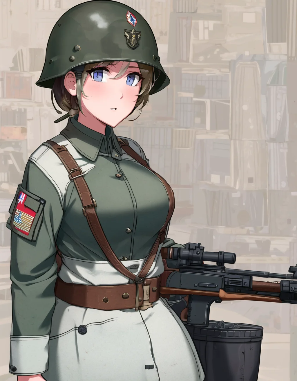 wargirls, 1girl, cargo pants, helmet, gun, military uniform, military, masterpiece, best quality, very detailed, autumn, breasts, world war ii, war <lora:wargirls:1>, to8contrast style, <lora:theovercomer8sContrastFix_sd15:1>