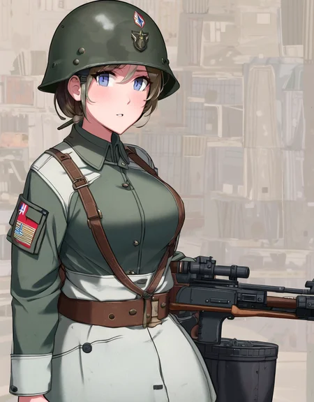 wargirls, 1girl, cargo pants, helmet, gun, military uniform, military, masterpiece, best quality, very detailed, autumn, breasts, world war ii, war <lora:wargirls:1>, to8contrast style, <lora:theovercomer8sContrastFix_sd15:1>