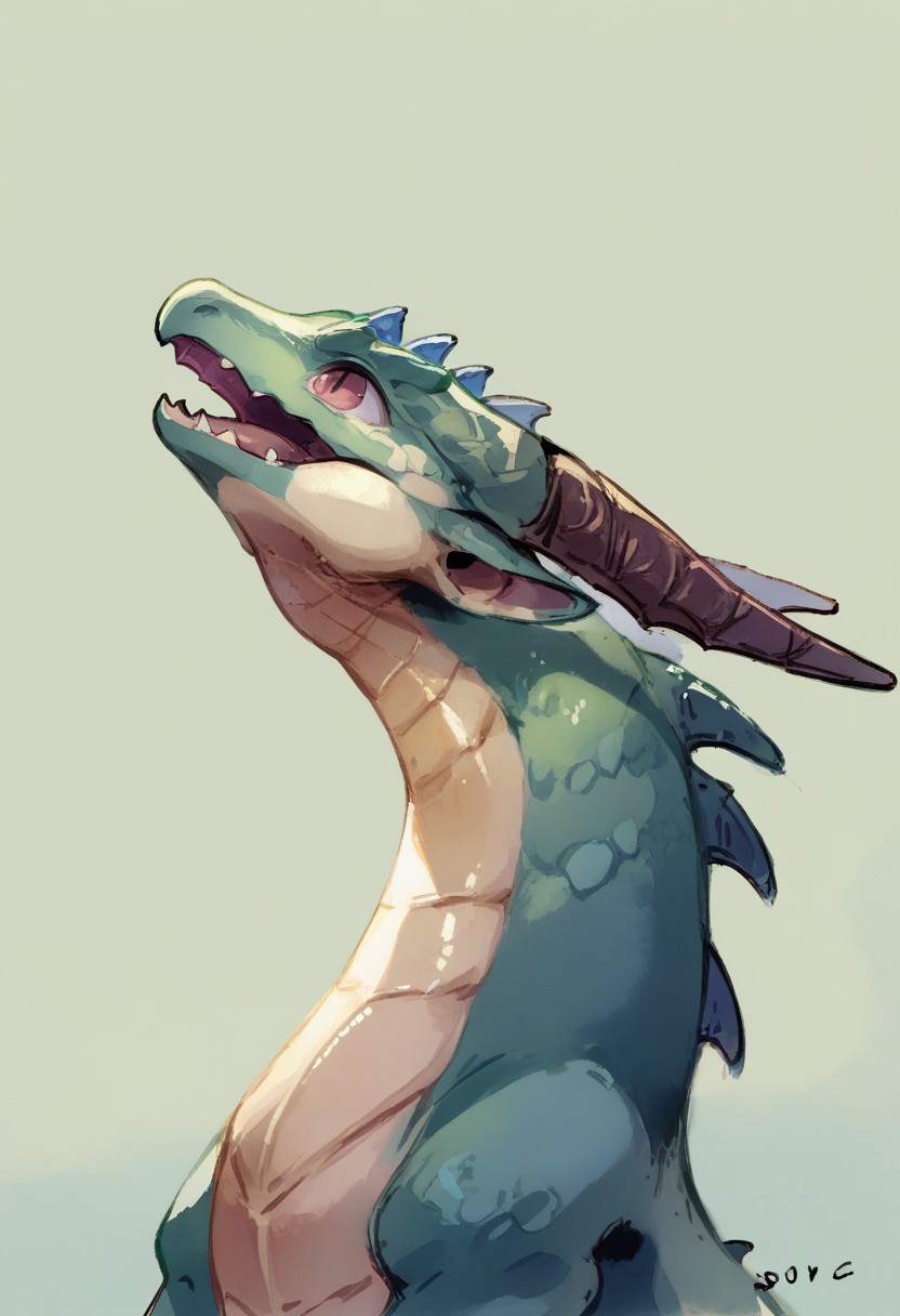 (source_anime, source_furry, score_9:1), no humans, dragon, feral, side view, open mouth, looking up, simple background, watercolor \(medium\)