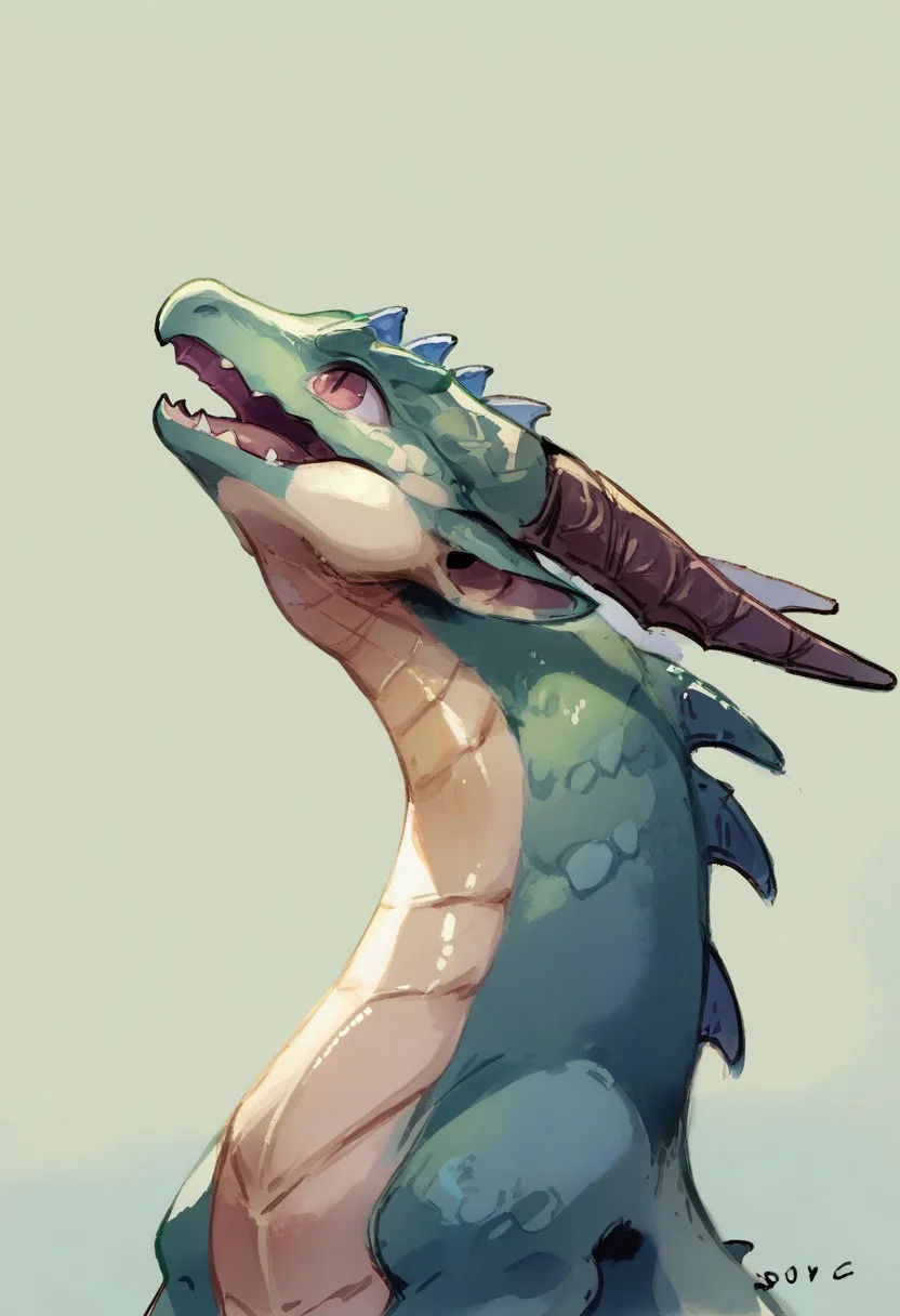 (source_anime, source_furry, score_9:1), no humans, dragon, feral, side view, open mouth, looking up, simple background, watercolor \(medium\)