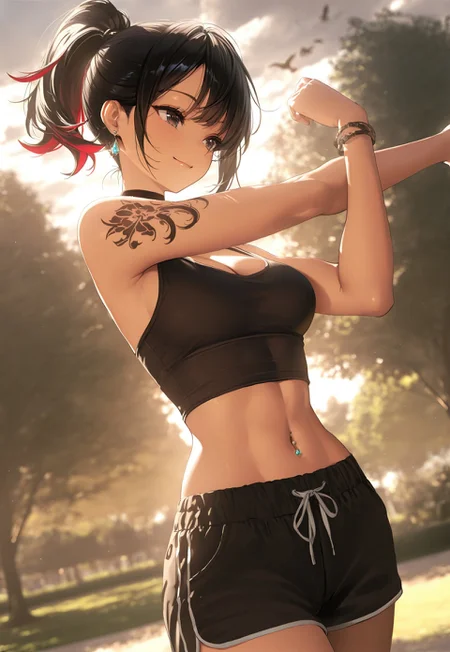 masterpiece, best quality, very aesthetic, absurdres, newest, highres, absurdres, dynamic lighting, sharp focus, depth of field, ambient occlusion, dynamic angle, dynamic pose, blurry background, evening, outside, cloudy, park, trees, shade, greenery, birds,
1girl, adult, sporty, toned, tanktop, cleavage, midriff, shorts, bracelet, high ponytail, black hair, (red highlights:0.8), choker, earrings, tattoo, stretching, smile, medium breasts, navel piercing, Enchanting Eyes
