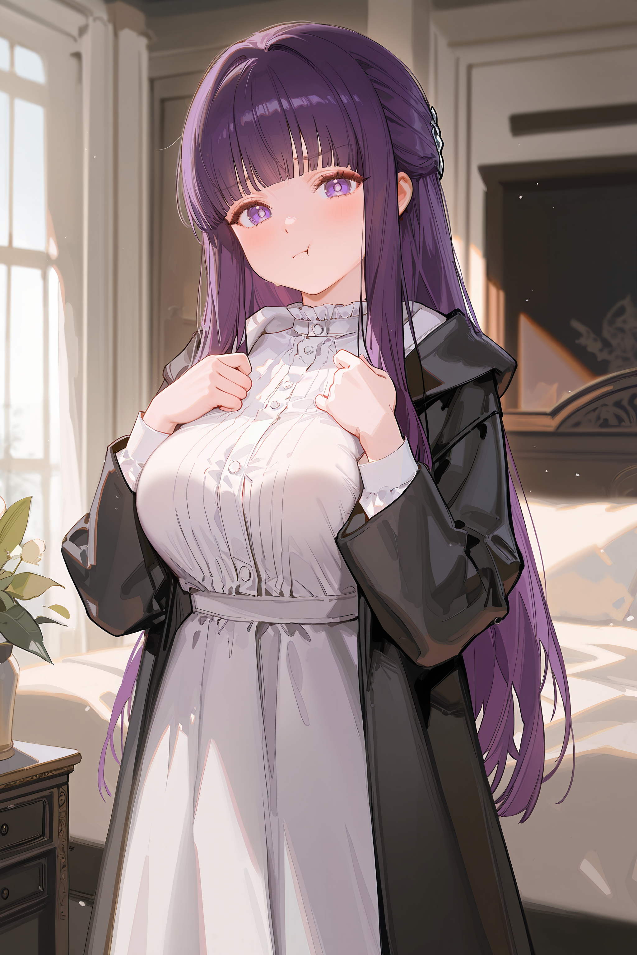 1girl, fern \(sousou no frieren\),  solo, large breasts, black coat, long white dress, cowboy shot, breasts squeezed together , hands on own chest, large breasts, pout, :t, looking at viewer, blush, bedroom, depth of field <lora:Char-Fern-IL-V1:0.8:hr=0.6>, ciloranko, alphonse \(white datura\), ask \(askzy\), gomzi, you shimizu
masterpiece, best quality, amazing quality, very aesthetic, absurdres, newest, (scenery, volumetric lighting), ray tracing, (bloom:1.4), cinematic