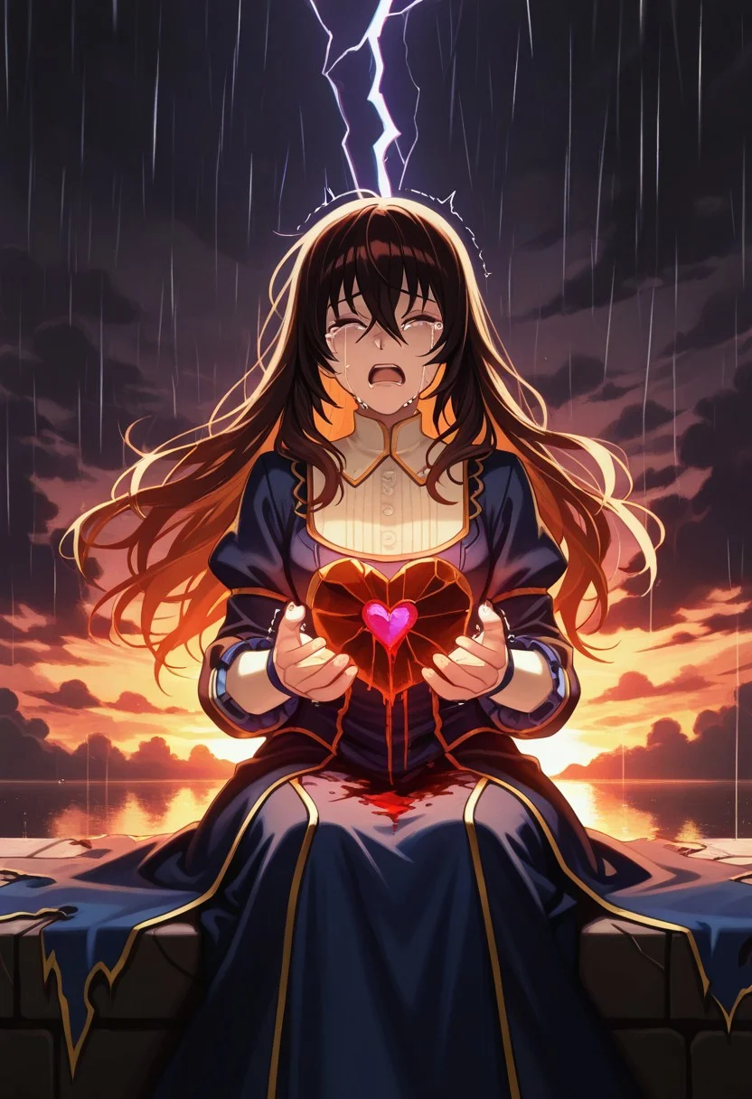 (((1boy, crying, tears streaming, anguished expression, wide tearful eyes, open mouth, trembling lips, clutching desperately, hands stained with blood,))), (1girl, dying on lap, pale complexion, closed eyes, peaceful expression, long flowing hair, disheveled hair, bloodstained clothes, torn dress, delicate features, limp body,), (anime style, dramatic lighting, emotional scene, heartbroken theme, sunset background, dark dramatic sky, deep reds, oranges, purples, fading light, glowing horizon,), (somber mood, heartbroken symbol visible, shattered heart icon, floating above, symbolic elements, dark clouds, lightning in distance, rain falling, droplets on characters,),