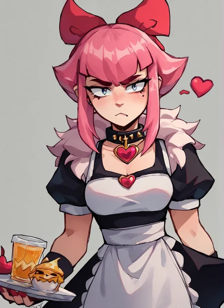 score_9, score_8_up, score_7_up, <lora:bsmelodie:1> bsmelodie , fur trim , 1girl, solo , pink hair, hair bow ,black collar ,neck heart , maid dress , maid , waitress, confused face , looking at viewer,