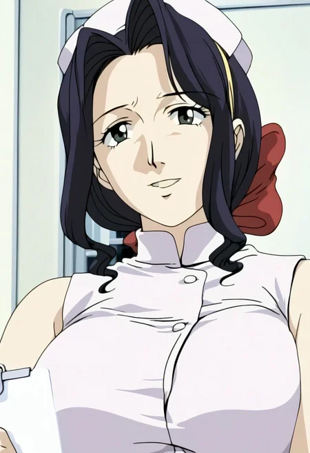 (huge breast),housewife,black hair,medium hair tied by red hairbow yellow headband, middle aged, thin eyebrow,round solid breast,(older woman,beautiful body),mature mom, hourglass shape_body,moles, moles under left eye,warm face,middle aged face(wise),(saggy_breast:1.0),look to viewer,less color, (realistic body, realistic face,detailed face,detailed hair),old anime artstyle,parted_mouth,shining_eyes,retro artstyle, anime screencap, source anime, perfect face, perfect body, ,open_mouth, smile
bmstyle anime nurse woman: A curvy nurse with medium breasts in a tight white uniform that clings to every curve, with a short skirt that rides up just enough to show off her thighs. She's leaning over a hospital bed, holding a clipboard, her soft smile sharp with a playful edge. The dim glow from the medical equipment casts an alluring glow across the sterile room. sleeveless
hip level shot, dutch angle