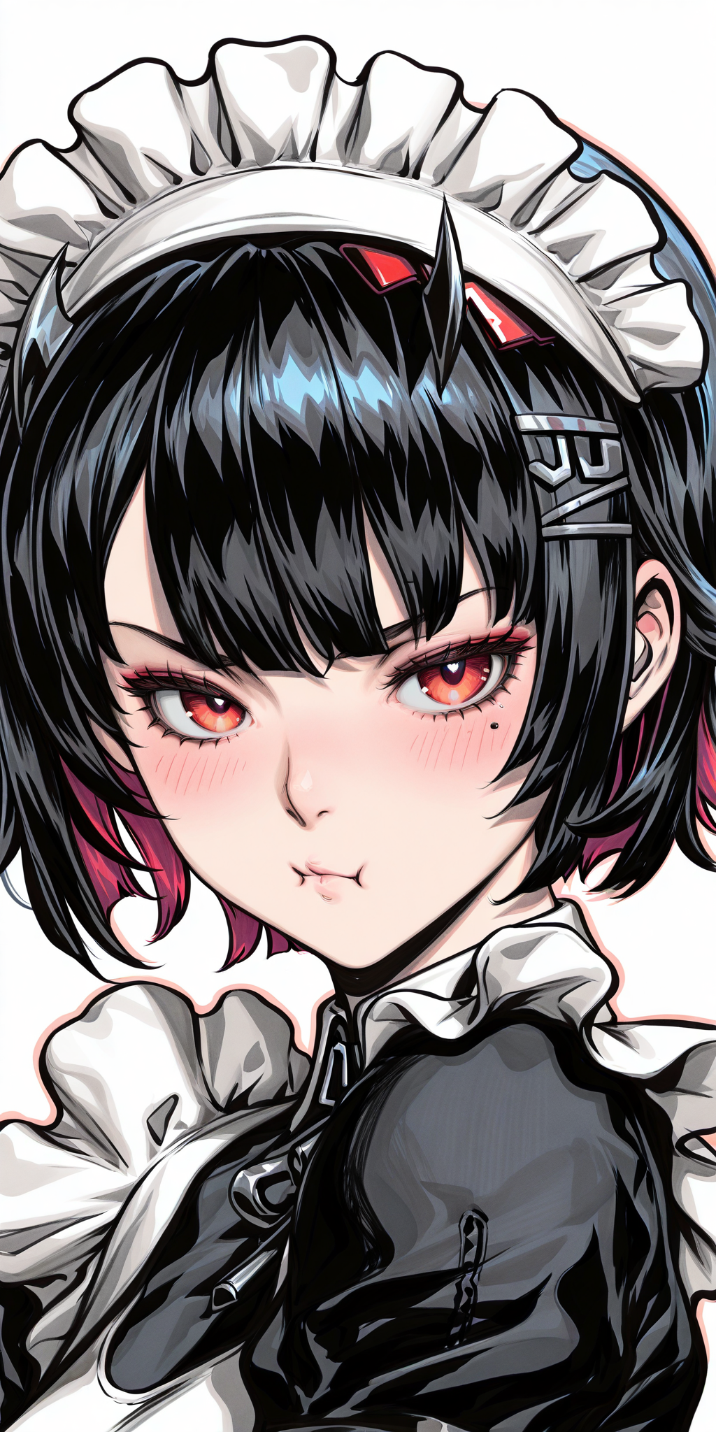 {{amazing quality, best quality, high quality, very aesthetic}}, 1girl, solo, looking at viewer, simple background, ellen joe, pout, blush, maid uniform, hair headdress
 <lora:Artgerm_Sketch_Illustrious:1>