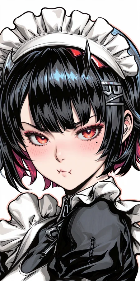 {{amazing quality, best quality, high quality, very aesthetic}}, 1girl, solo, looking at viewer, simple background, ellen joe, pout, blush, maid uniform, hair headdress
<lora:Artgerm_Sketch_Illustrious:1>