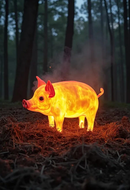 a glowing campfire shaped like a cute pig is sniffing for truffles in a forest and accidentally starting small fires
