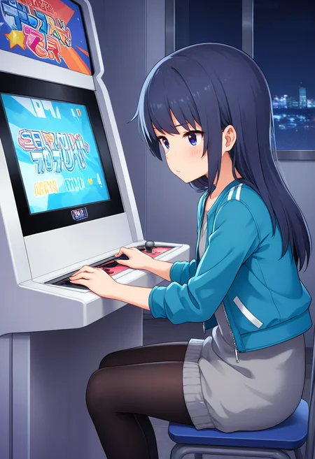 masterpiece, best quality, absurdres, very aesthetic, general, 1girl, mtmdef, mtm, dark blue hair, jacket, (grey sweater dress), wrist, black pantyhose, BREAK
game center, scenery, arcade cabinet, scenery, playing games, sitting, chair, indoors, night, <lora:ILmutsumiAGA:1> <lora:gamecenter_pony_V1:0.7>