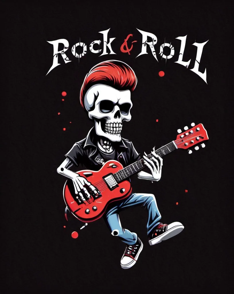 (text logo: ROCK & ROLL: 1), Skull playing guitar t-shirt design, flat colors, (black background), <lora:Harrlogos_v1.1:1> <lora:last:1>
