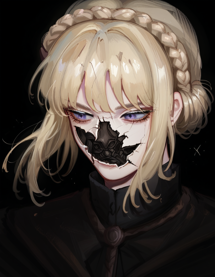 score_9, score_8_up, score_7_up, source_anime, upper body, solo, black background, 1girl, CoverMadrabyNewDad, <lora:CoverMadrabyNewDad:1>,NeedleKnightLeda, blue eyes, blonde hair, bangs, crown braid,   <lora:NeedleKnightLeda_XLPD:1>