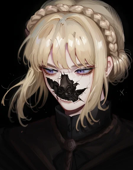 score_9, score_8_up, score_7_up, source_anime, upper body, solo, black background, 1girl, CoverMadrabyNewDad, <lora:CoverMadrabyNewDad:1>,NeedleKnightLeda, blue eyes, blonde hair, bangs, crown braid, <lora:NeedleKnightLeda_XLPD:1>