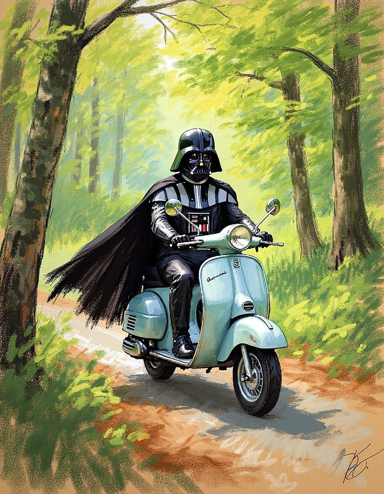 marycassatt2 drawing, darth vader is riding a vespa through a forest on a spring morning