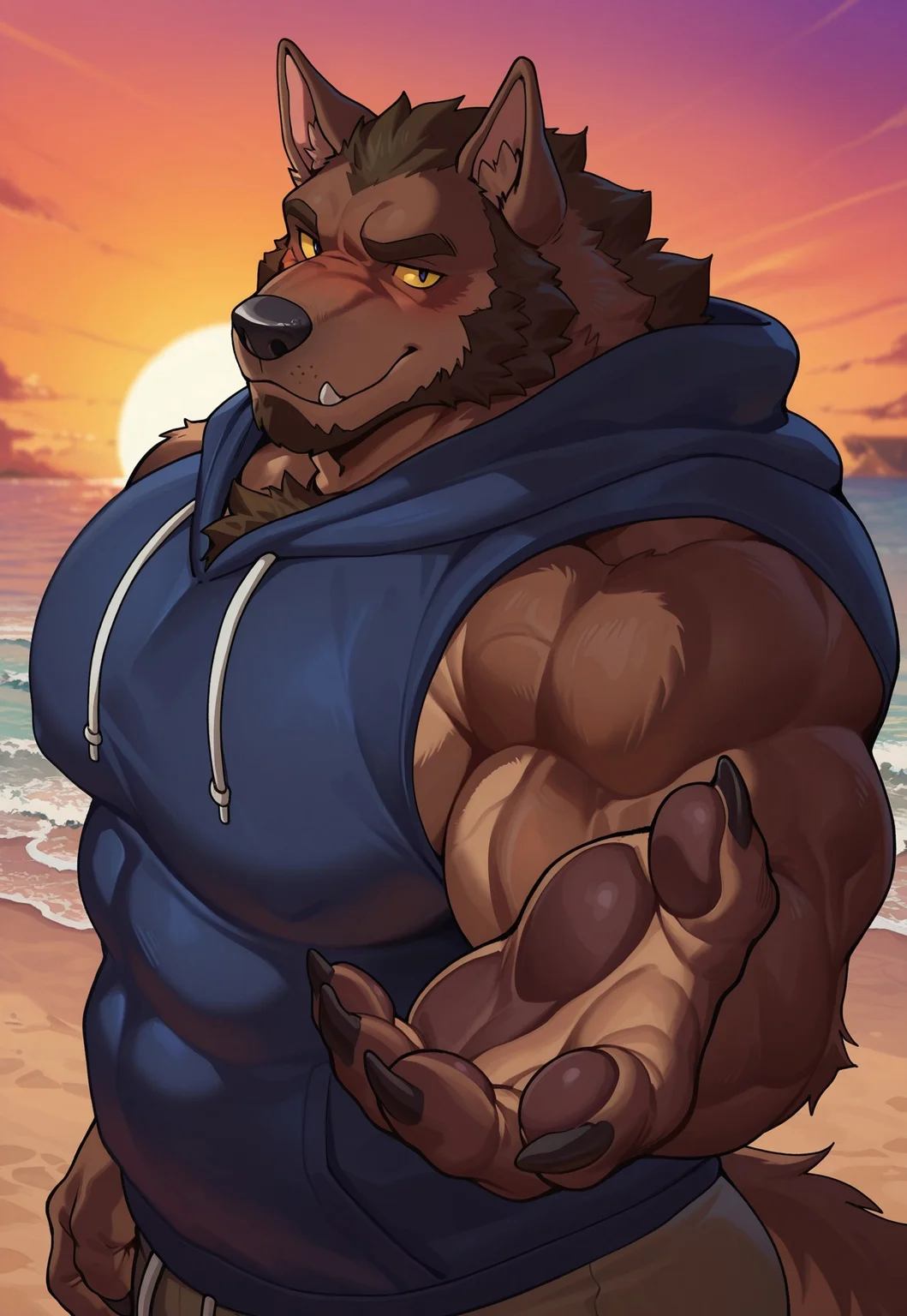furry, solo, muscular male, 
, close up, reaching,upper body, sunset, (sleeveless hoodie), looking at viewer, close up, beach, (side view:0.7), nice eyes, eyes, muscular,huge abs,big abs,

 reaching hand, inviting, invite, (tail), nice hand, tail out of frame, (slit pupils, slit eyes), (black eyes), (blush:0.7), 

beard, (logan \(lustful desires\):1.3), 
wolf, werewolf, mammal, pawpads, yellow sclera, detailed eyes, nice eyes, detailed face, 



, 2024, 2023, 20r0j_2, masterpiece,best quality,amazing quality,