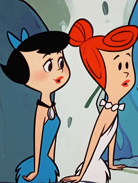 score_9,score_8_up,score_7_up,score_6_up,score_5_up,score_4_up <lora:Smooth Night Style SDXL_LoRA_Pony Diffusion V6 XL:0.7> <lora:The_FlintstonesPonyV3:1> 2girls
Betty Rubble, black hair, blue dress, short hair, hair bow, black eyes
BREAK
Wilma Flintstone, red hair, single hair bun, white dress, the flintstones background
