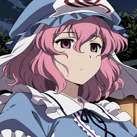 masterpiece, best quality, <lora:tgm-xl-a3.1:1>, 
1girl, saigyouji yuyuko, solo, hat, pink hair, triangular headpiece, pink eyes, tree, mob cap, short hair, hair between eyes, expressionless, japanese clothes, night, parody, blue headwear, frills, outdoors, upper body, sky, closed mouth, portrait, veil