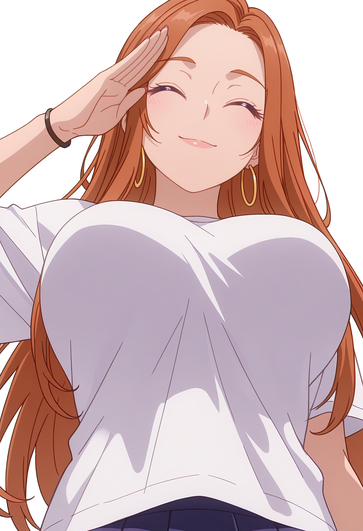 Smooth Quality,masterpiece,beautiful aesthetic, very intricate, high quality details, ultra realistic, high detailed skin,
simple background, white background,
from below,salute,^ ^,
pleated skirt,,t-shirt, ,String around finger , <lora:Fuyuki_Maicnn:0.8> mai/cnn, 1girl, long hair, purple eyes, jewelry, hoop earrings, brown hair, orange hair, large breasts,