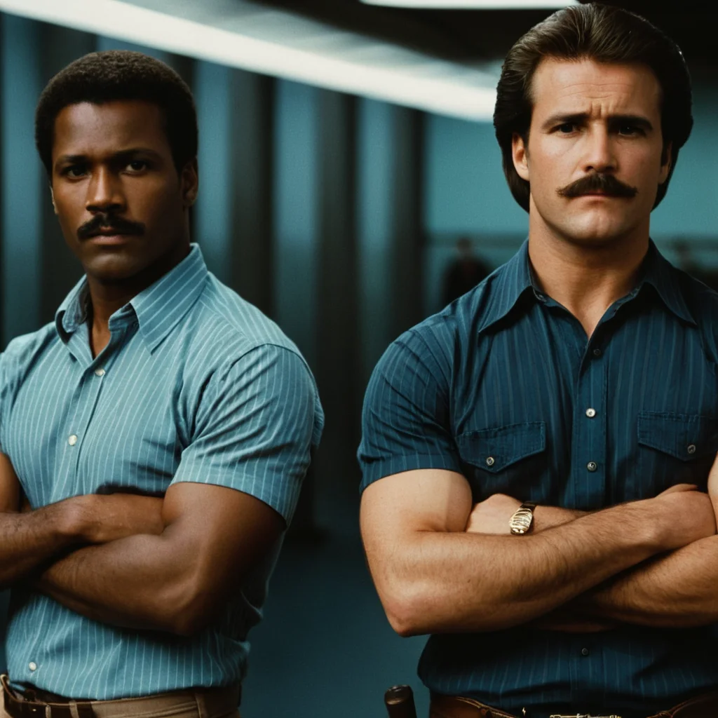 cinematic film still of  <lora:1980's style:1>
In the 1980's two men standing next to each other with arms crossed from lethal weapon,brown hair,shirt,black hair,brown eyes,weapon,male focus,multiple boys,necktie,striped,belt,pants,dark skin,2boys,gun,facial hair,crossed arms,dark-skinned male,denim,handgun,striped shirt,realistic,mustache,manly,real life insert , realistic,realism, detailed, perfection,perfect,filmic,retro,vintage,classic,different haircut,different look,different style,different people, 1980's style , 1980 style, shallow depth of field, vignette, highly detailed, high budget, bokeh, cinemascope, moody, epic, gorgeous, film grain, grainy