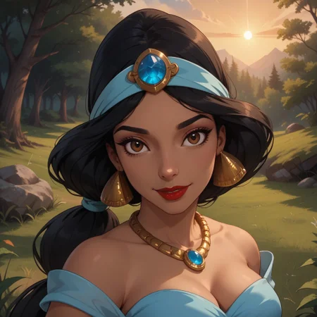 score_9, score_8, BREAK, solo, Princess_Jasmine_(Aladdin), 1girl, arabian woman, dark skin, dark skin female, black hair, red lips, brown eyes, ponytail hair, turquoise headband with sapphire, golden earrings, golden necklace, sky blue bedlah top, navel, sky blue matching salwar pants, self portrait, smile, looking at viewer, outdoors, sunlight, shadows, evening lighting, natural lighting, forest, trees, grass, orange sky, sunset