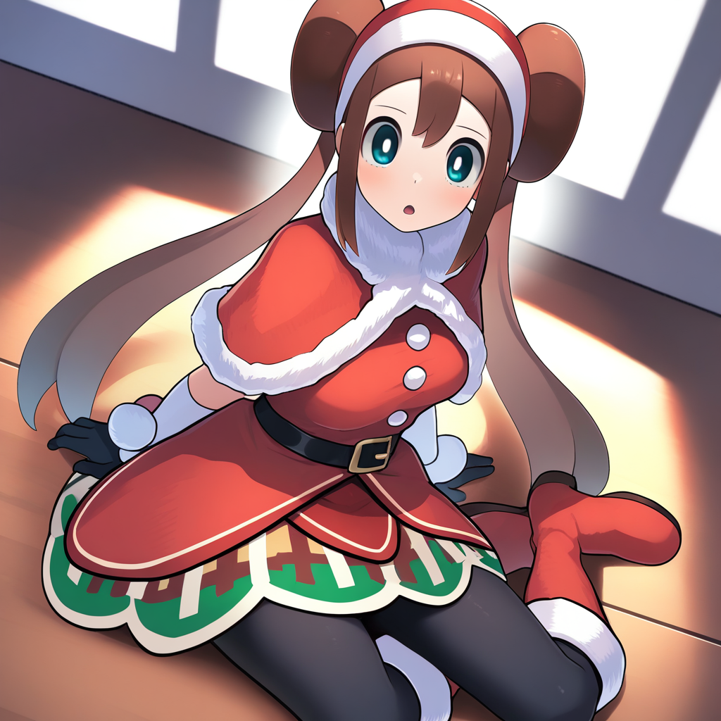2d, masterpiece, best quality, amazing quality, highres, absurdres, newest, 1girl, solo, sitting, yokozuwari, from above, dutch angle, looking at viewer, wooden floor, medium breasts, rosanta, def colors, rosa \(pokemon\), blue eyes, white pupils, brown hair, long hair, bangs, twintails, double bun, sleeveless dress, red dress, santa costume, santa hat, fur trim, fur-trimmed capelet, red capelet, black belt, black gloves, white elbow gloves, black pantyhose, knee boots
