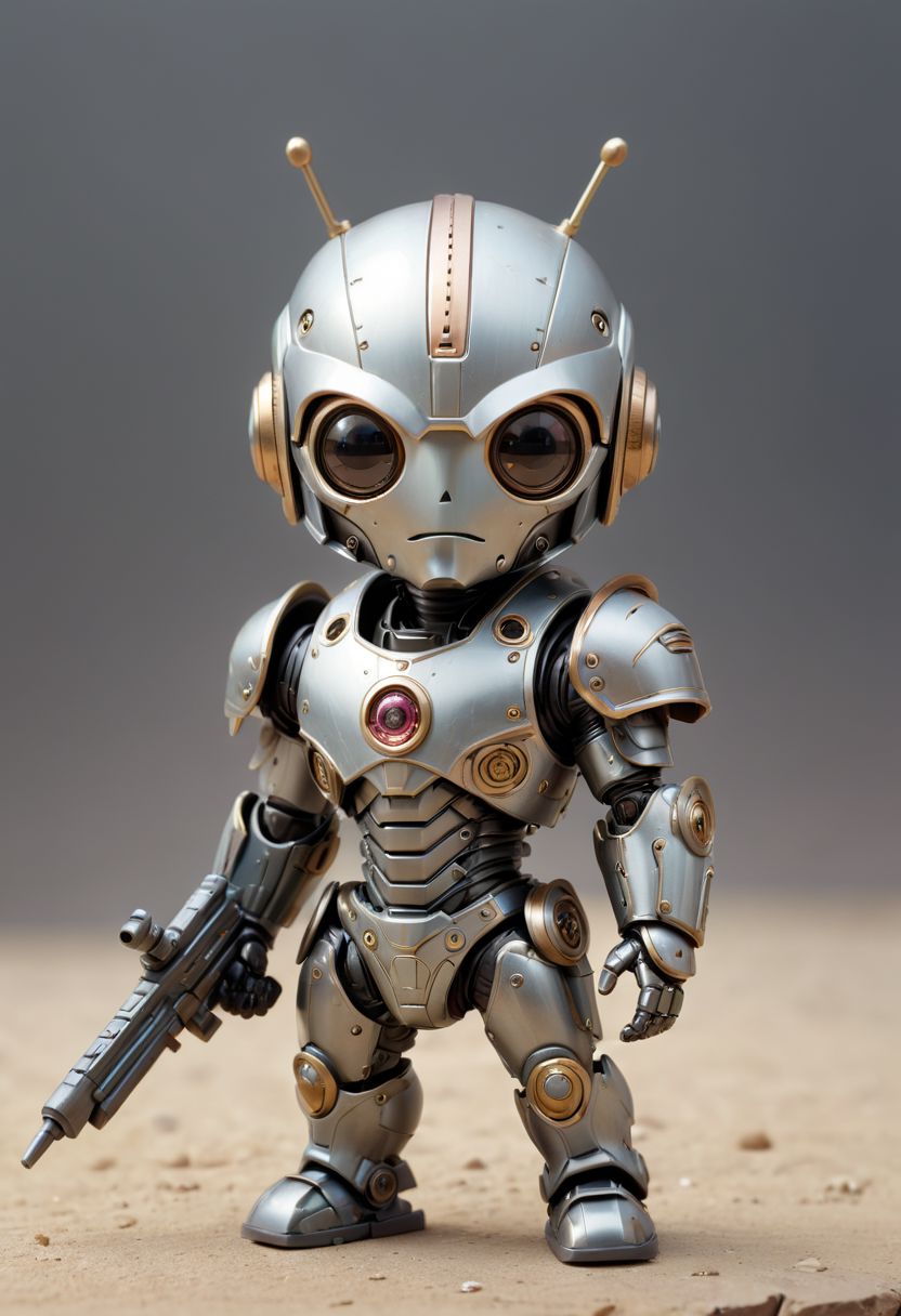 Cute little happy miniature chibi futuristic robot with big comically weapon , wearing armor and plated armor, holding weapon