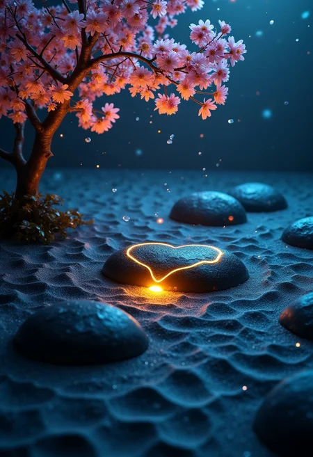 Abstract Lighting Effects, Hyperrealism, Midjourney Style, Photorealism, Cinematic, High Fidelity, Realism, Light Play,
Colourful image surrealistic with cyan, black and gold.
A serene, minimalist, futuristic Zen garden at the at night with meticulously raked gray sand patterns. A solitary cherry blossom tree stands i. The left side in full bloom, its petals shining from within with an iridescent, holographic, neon light and are gently falling illuminating the scene. The soft morning light casts long shadows, enhancing the peaceful and contemplative atmosphere
A heart shaped jet-black rock, with gleaming golden veins is the centerpiece of the garden.
It's golden light luminates the sand around it.
Viewpoint from above the scene
