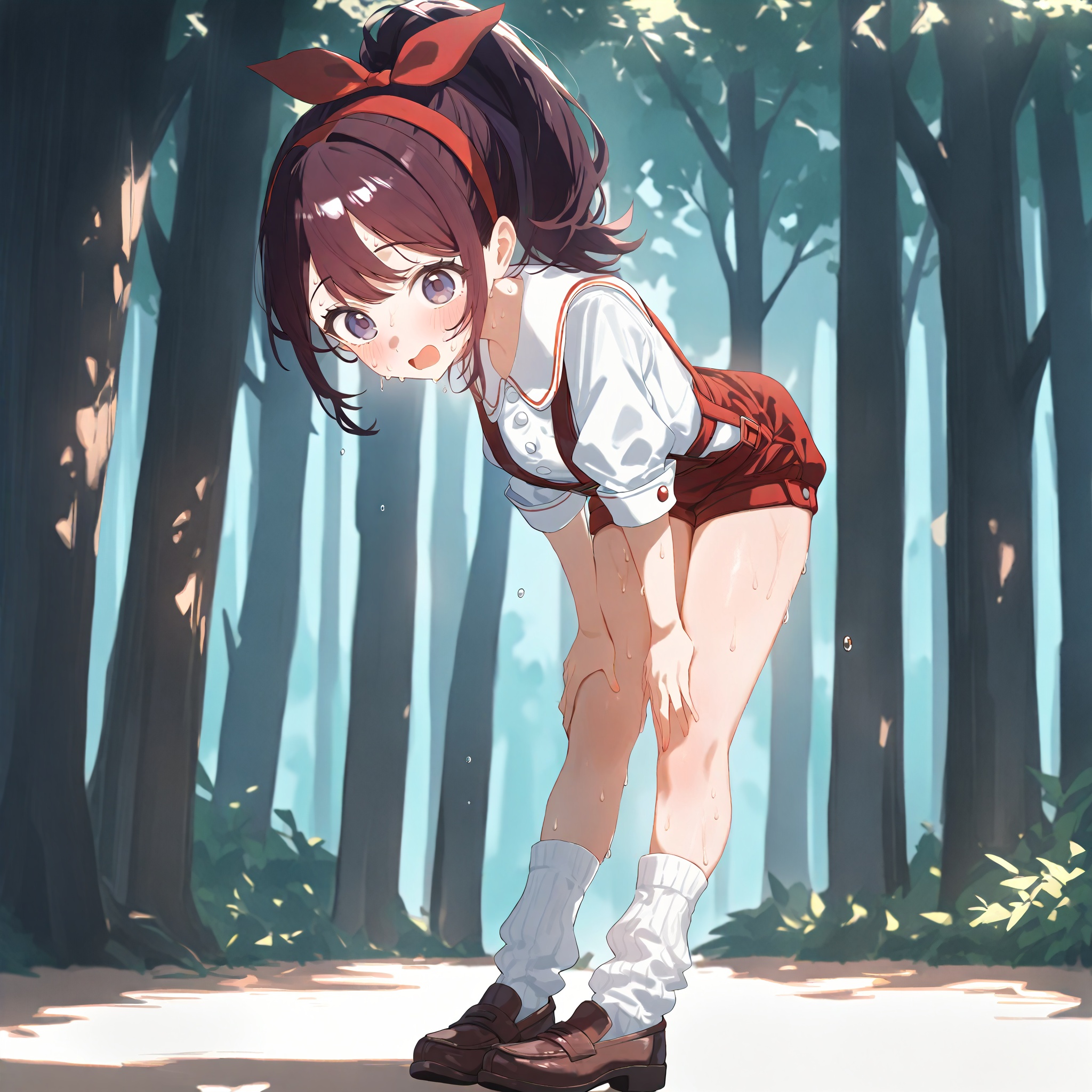 1 girl, solo, full body, Ruirui, (red bowknot:1.3) on hair, dark maroon hair, medium hair, high ponytail, wide collar, white shirt, white long sleeves, (red overall:0.7), minipants, kneesocks, long bubble socks, brown shoes, bend over, sided head, sweaty face, open mouth, forest, masterpiece, high score, great score, absurdres, detailed background <lora:Ruirui40XL:1>