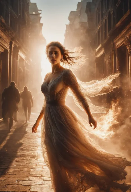 A full body character of a woman, dynamic motion blur, lens flares,more dramatic lighting, deeper and more contrasted shadows, color grading, high detail, 4k resolution, ultra HDR, and ghostly beauty. The image should reflect intricate details, raw photo quality, and a windy atmosphere.