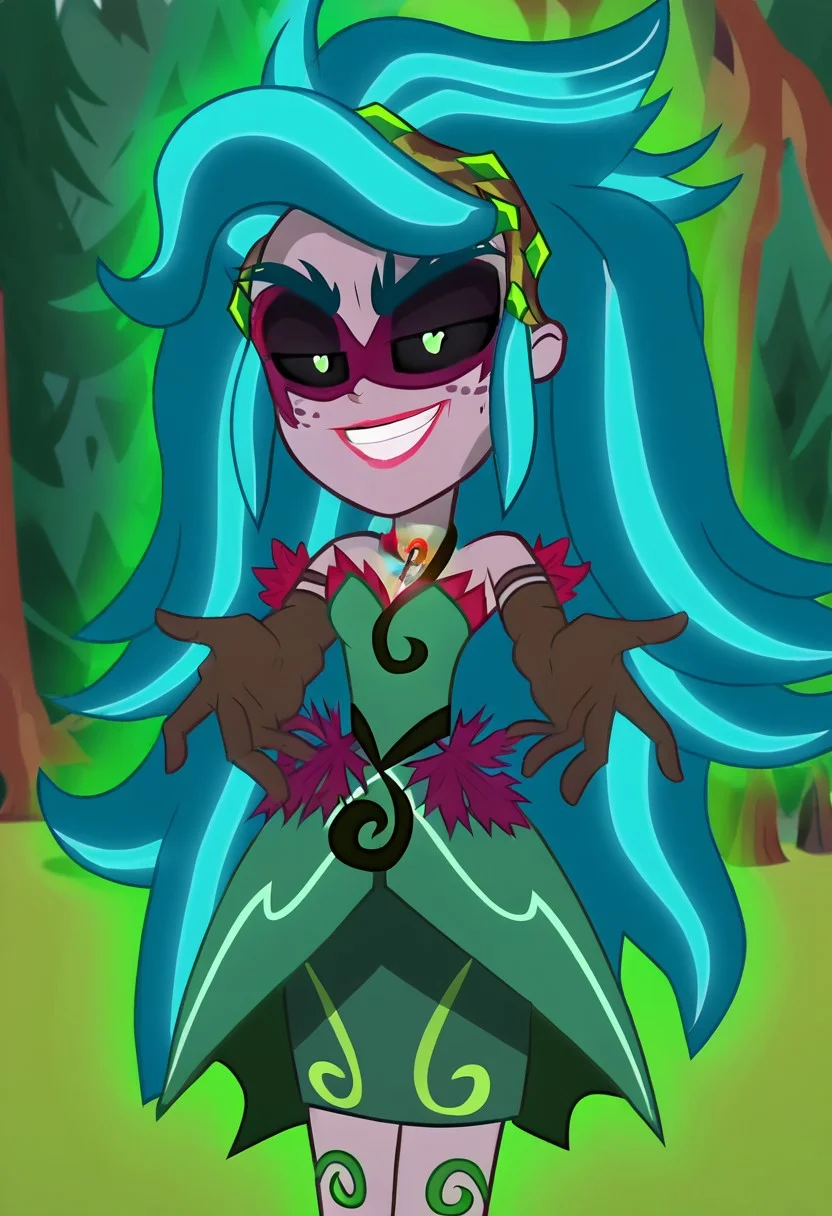 gaia everfree outfit, four fingers, half closed eyes, evil face, detailed freckles, 1girl, forest, detailed eyebrows, angry smile, solo, arms in front, gaia everfree outfit, light-grey skin, turquoise hair, green eyes with black sclera, green floral dress, strapless dress, brown gloves, small breasts, strapless dress, petite body, magical aura, teeth, presenting, looking at viewer, (flat shading, soft shading), (equestria girls, show accurate:1.2)