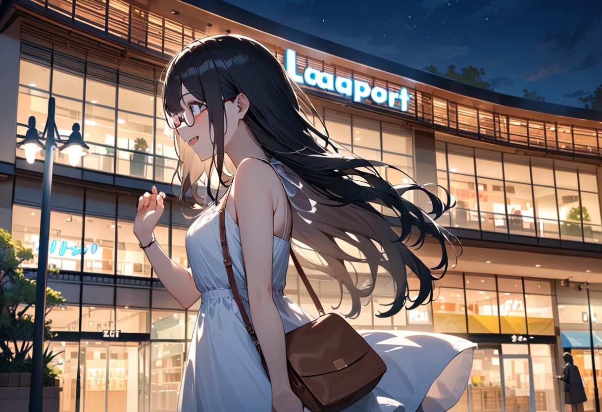 masterpiece, best quality, very aesthetic, absurdres,
1girl, solo, glasses, black hair, long hair, sundress, white dress, straw hat, bag, smile, looking at another, solo focus, from side,
lalapo, storefront, scenery, lamppost, night, outdoors, sky, tree, building, city, sign, real world location, night sky, neon lights, 
 <lora:lalaport_K_SDXL_V1:1>