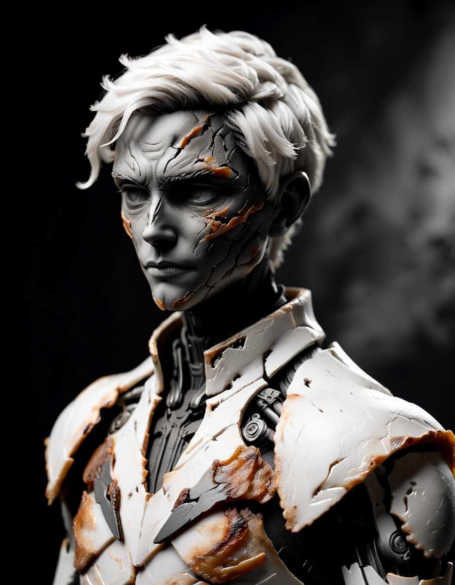 French Gallery owner made of ral-roasted, Battle pose, Silver hair styled as Balayage, background, by GLaDOS, soft light, Depth of field 270mm, moody, black and white, <lora:ral-roasted-sdxl:0.8>, beautiful detailed, aesthetic, dynamic dramatic beautiful full taking, complimentary colors, elegant, highly detail, fine polished