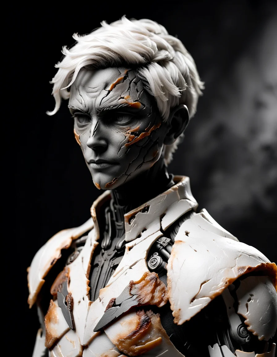 French Gallery owner made of ral-roasted, Battle pose, Silver hair styled as Balayage, background, by GLaDOS, soft light, Depth of field 270mm, moody, black and white, <lora:ral-roasted-sdxl:0.8>, beautiful detailed, aesthetic, dynamic dramatic beautiful full taking, complimentary colors, elegant, highly detail, fine polished