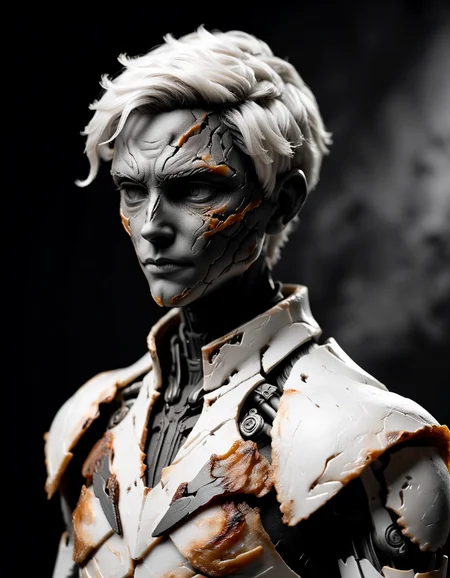 French Gallery owner made of ral-roasted, Battle pose, Silver hair styled as Balayage, background, by GLaDOS, soft light, Depth of field 270mm, moody, black and white, <lora:ral-roasted-sdxl:0.8>, beautiful detailed, aesthetic, dynamic dramatic beautiful full taking, complimentary colors, elegant, highly detail, fine polished