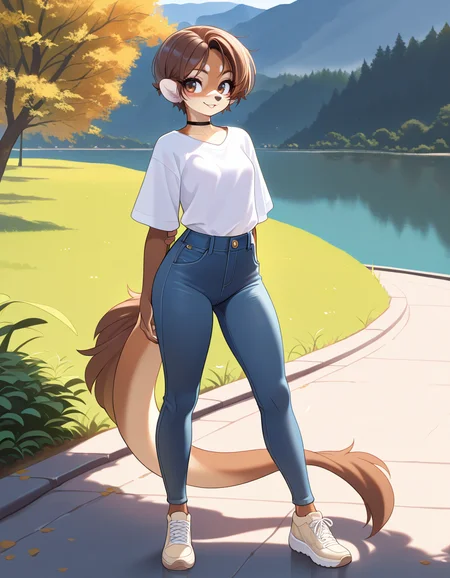 masterpiece, best quality, very aesthetic, absurdres,
outdoors, casual,
full body, posing,
smile, parted lips, long eyelashes,
<lora:Mikhaila_v01_NAIXL:1>
M1k4a11a,1girl,solo,furry,furry female,short hair,brown hair,brown eyes,animal nose,choker,body fur,brown fur, tail,