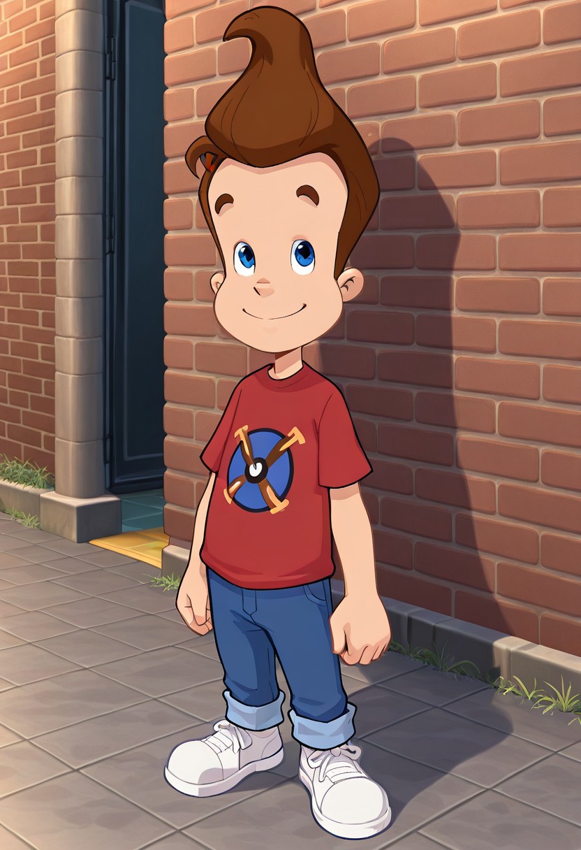 masterpiece, best quality, absurdres, LucArtNi, 1boy, male focus, solo, j_i_nu, brown hair, blue eyes, red shirt, t-shirt, atom print, print shirt, blue jeans, pants rolled up, sneakers, white footwear, looking at viewer, smile, full body, standing, arms at side, brick wall, tile floor, outdoors,