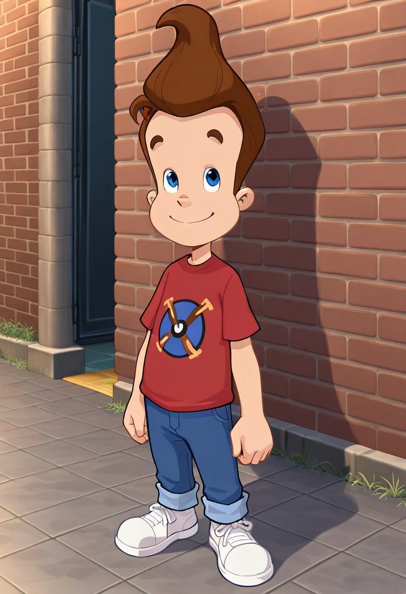 masterpiece, best quality, absurdres, LucArtNi, 1boy, male focus, solo, j_i_nu, brown hair, blue eyes, red shirt, t-shirt, atom print, print shirt, blue jeans, pants rolled up, sneakers, white footwear, looking at viewer, smile, full body, standing, arms at side, brick wall, tile floor, outdoors,