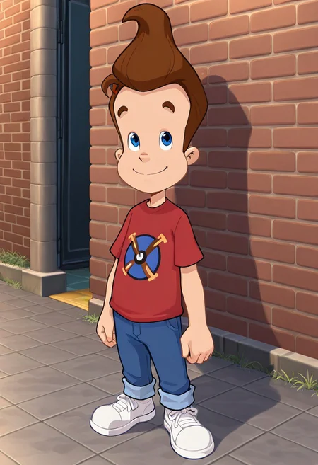 masterpiece, best quality, absurdres, LucArtNi, 1boy, male focus, solo, j_i_nu, brown hair, blue eyes, red shirt, t-shirt, atom print, print shirt, blue jeans, pants rolled up, sneakers, white footwear, looking at viewer, smile, full body, standing, arms at side, brick wall, tile floor, outdoors,