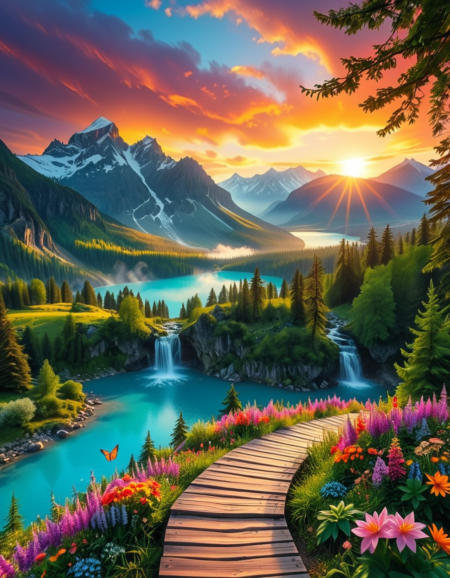 A breathtaking, high-resolution photograph of the most beautiful place on Earth, where natureâs wonders blend in perfect harmony. Towering, snow-capped mountains rise majestically in the background, their peaks glowing under the golden hues of a setting sun. Below, a crystal-clear turquoise lake reflects the colors of the sky, surrounded by lush, green forests filled with ancient trees, vibrant wildflowers, and cascading waterfalls. A soft mist rises from the valley, adding a dreamlike quality to the scene. In the distance, rolling meadows stretch toward the horizon, dotted with colorful flowers and serene wildlifeâgraceful deer grazing, birds soaring in the sky, and butterflies dancing in the breeze. A wooden footpath winds through the landscape, leading to a secluded, tranquil spot where the beauty of nature can be fully admired. The air is crisp and filled with the soothing sounds of rustling leaves, flowing water, and distant birdsong. The sky above is a masterpiece of colorsâdeep oranges, purples, and pinks blending seamlessly as the sun sets, casting a magical glow over this untouched paradise. The atmosphere is peaceful, awe-inspiring, and filled with a deep sense of wonder and tranquility, as if stepping into a perfect dream.
<lora:SDXLFaeTastic2400:0.4> <lora:extremely_detailed:0.4> extremely detailed, <lora:Earth_P4r4d1s3:1>,Earth P4r4d1s3, Masterpiece,best quality,hi res,8k,hi res,8k,award winning,(sharp focus, intricate, highly detailed),