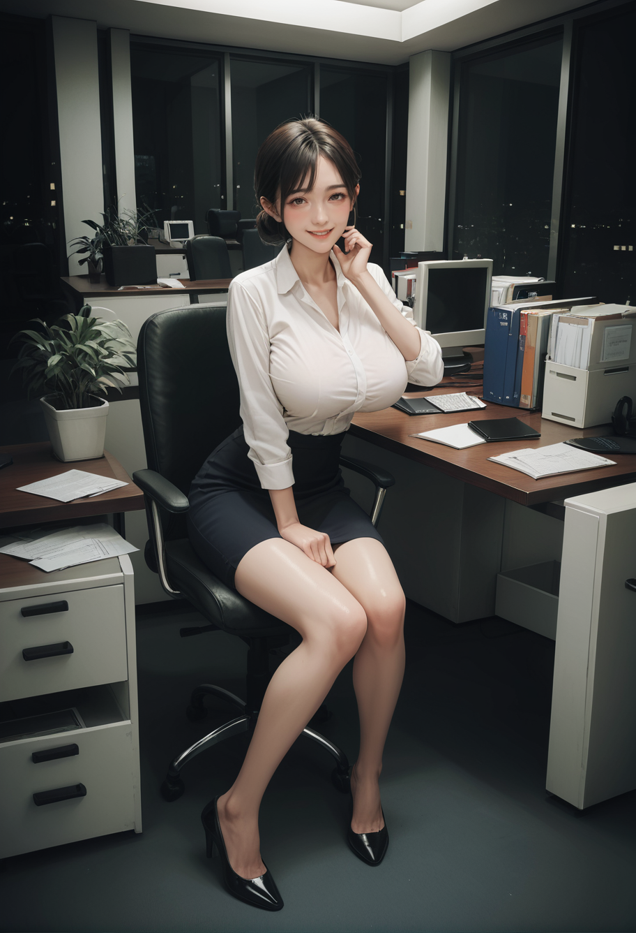 ,ruanyi0922,indoors,office,night,
sitting,full body,<lora:0922 office_v1_pony:0.8>, score_9, score_8_up, score_7_up, score_6_up, score_9, score_8_up, score_7_up, score_6_up source_anime, blush, 1girl, seduce smile, perfect body , natural huge breasts