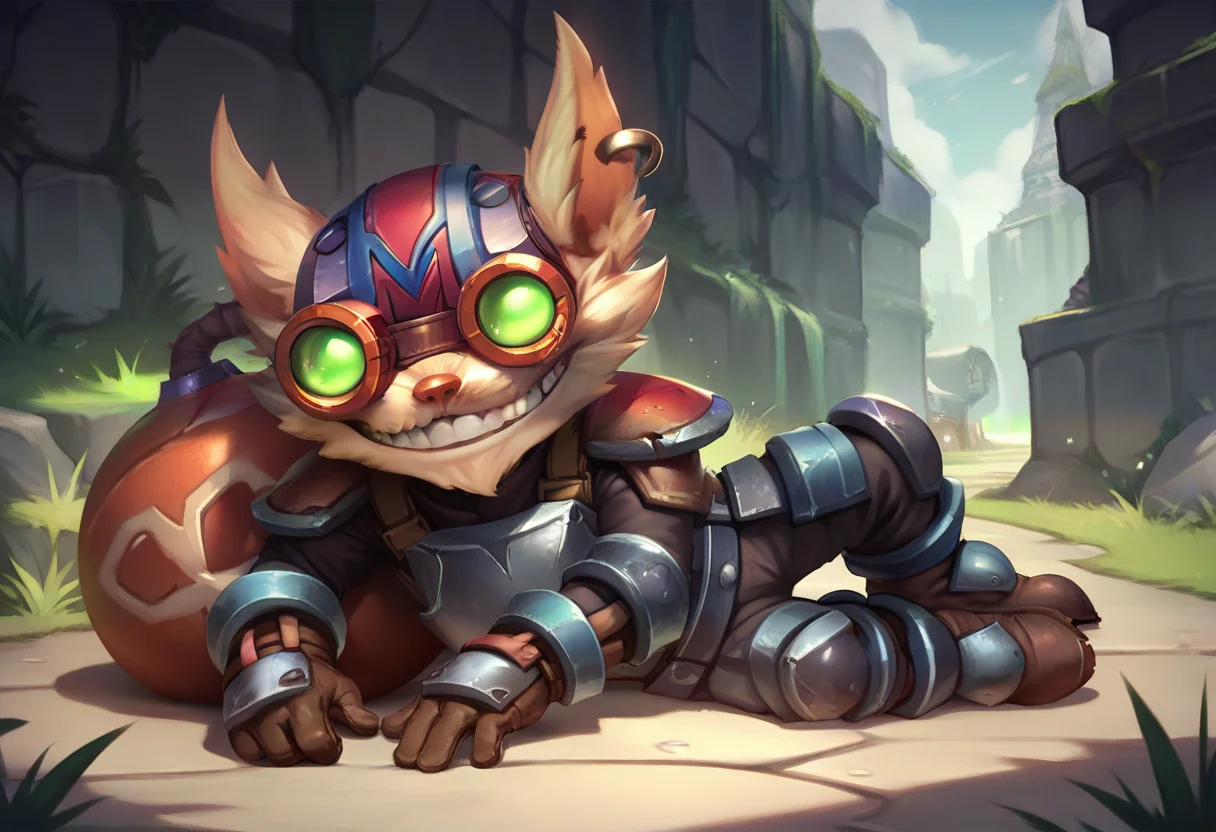 ,score_9, score_8_up, score_7_up, score_6_up,z1ggs, 1boy, male focus, yordle,armor, goggles, helmet, gloves, brown gloves, <lora:Ziggs_Default_v1:0.9>,on side
