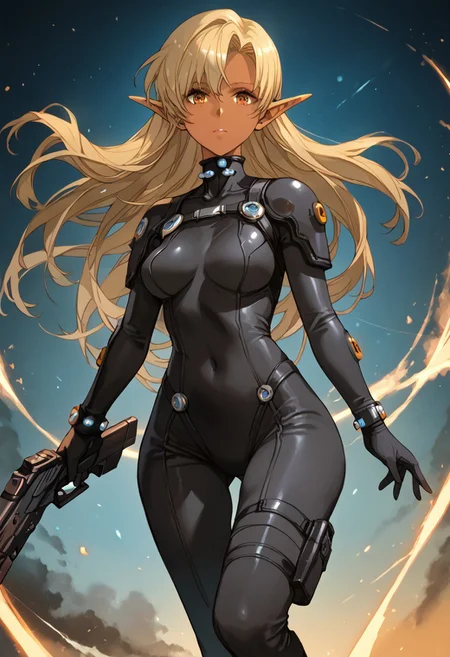 score_9, score_8_up, score_7_up, score_6_up, score_5_up, score_4_up, detailed, intricate details, source_anime, , (best quality) , (highly detailed) ,((masterpiece)), ((best quality)), (ultra-detailed), ((extremely detailed)), (high resolution), 4K, (8K), best quality, (beautiful), (dynamic lighting), (super detailed skin), sharp focus, (1_girl, solo focus), score_9,score_8_up,score_7_up,anime coloring, 1girl,solo, <lora:sonia_p_v1.5>,pointy ears,dark-skinned female, Dark skin, Dark elf,long hair,blonde hair, medium breasts,  medium hair,, hiroya_oku_gantz_style, 1girl, solo, weapon, , gun, , skin tight, black bodysuit, shotgun, gloves, boots, detailed face and detailed skin <lora:add-detail-xl:1.0> ,(((feminine bodies))),(((perfect anatomy))),