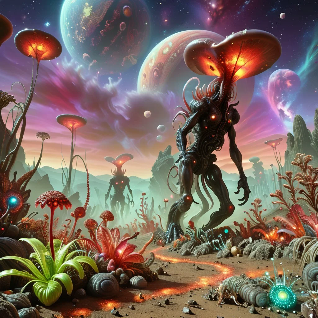 Full body photo of an alien creature running to viewer with another world extraterrestrial landscape, surreal mountains, with giant alien flower animals, live shrooms, fantasy dream, starry sky with large planets, transparent plasma tubes, detailed hyperrealism, 35mm photography, edgy street art, dynamic angle, flowing colors, fractal art, intricate, science fiction, alien species