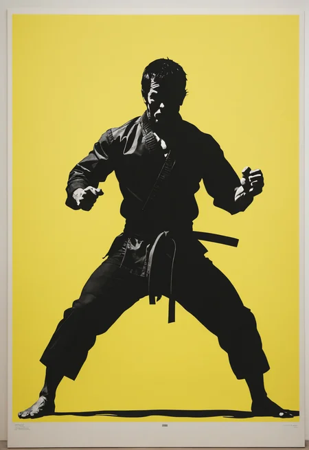 solid yellow background, at its center, the dark silhouette of a 70's  martial artist ,art by Christopher Wool,
