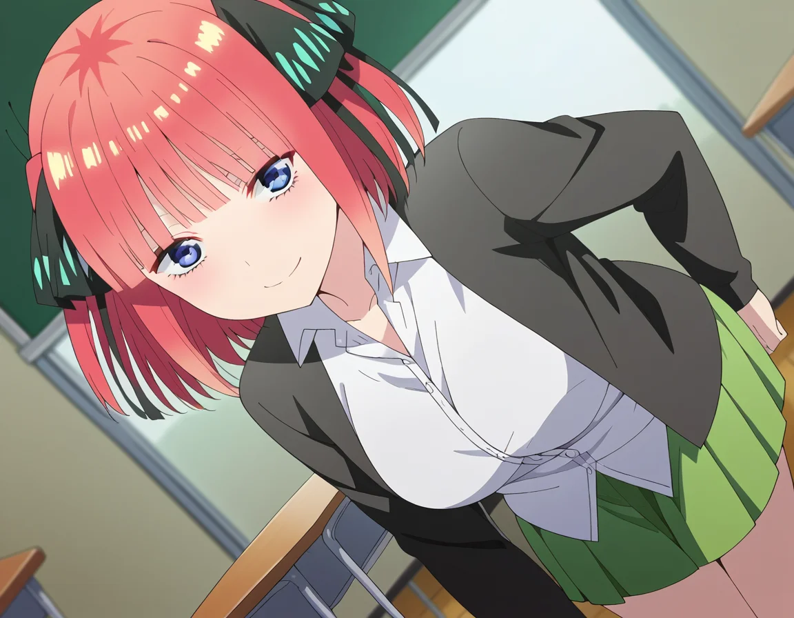 score_9, score_8_up, score_7_up, source_anime,
ninonakano, <lora:nino-nakano-s2-ponyxl-lora-nochekaiser:1>,
nino nakano, short hair, bangs, blue eyes, hair ornament, hair ribbon, pink hair, blunt bangs, two side up, butterfly hair ornament, mature female,
skirt, shirt, long sleeves, white shirt, pleated skirt, open clothes, collared shirt, sleeves past wrists, dress shirt, cardigan, green skirt, open cardigan, black cardigan,
indoors, classroom, bent over, smile,
looking at viewer, cowboy shot, dutch angle, solo,